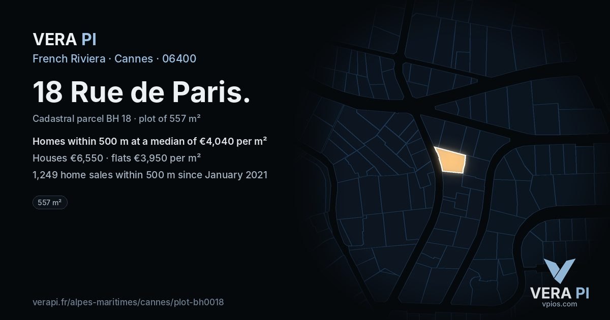 18 Rue de Paris, Cannes at night – the plot lit, the parcels around coloured by the prices near them