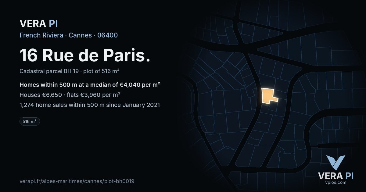 16 Rue de Paris, Cannes at night – the plot lit, the parcels around coloured by the prices near them