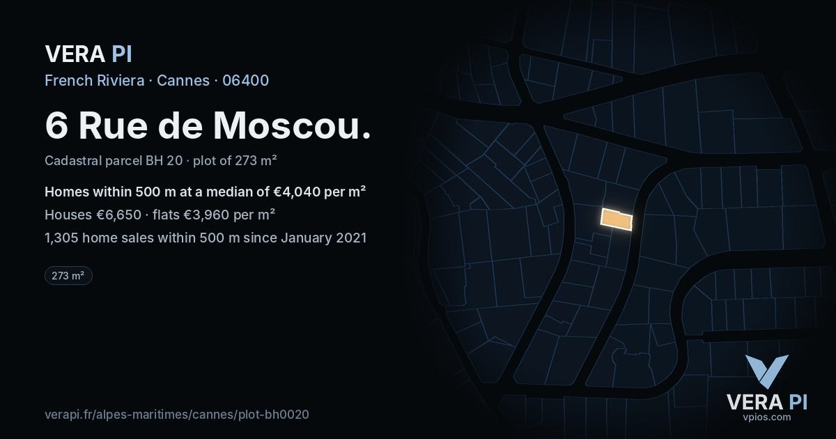 6 Rue de Moscou, Cannes at night – the plot lit, the parcels around coloured by the prices near them