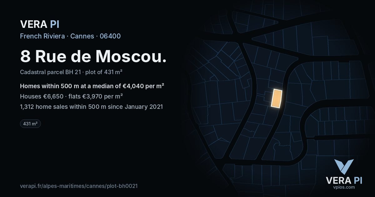 8 Rue de Moscou, Cannes at night – the plot lit, the parcels around coloured by the prices near them