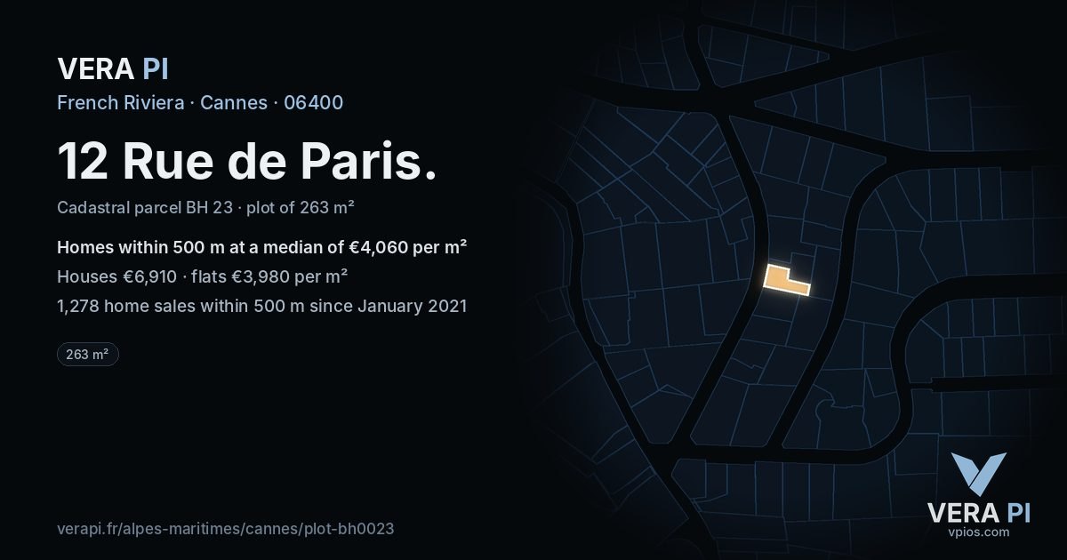 12 Rue de Paris, Cannes at night – the plot lit, the parcels around coloured by the prices near them