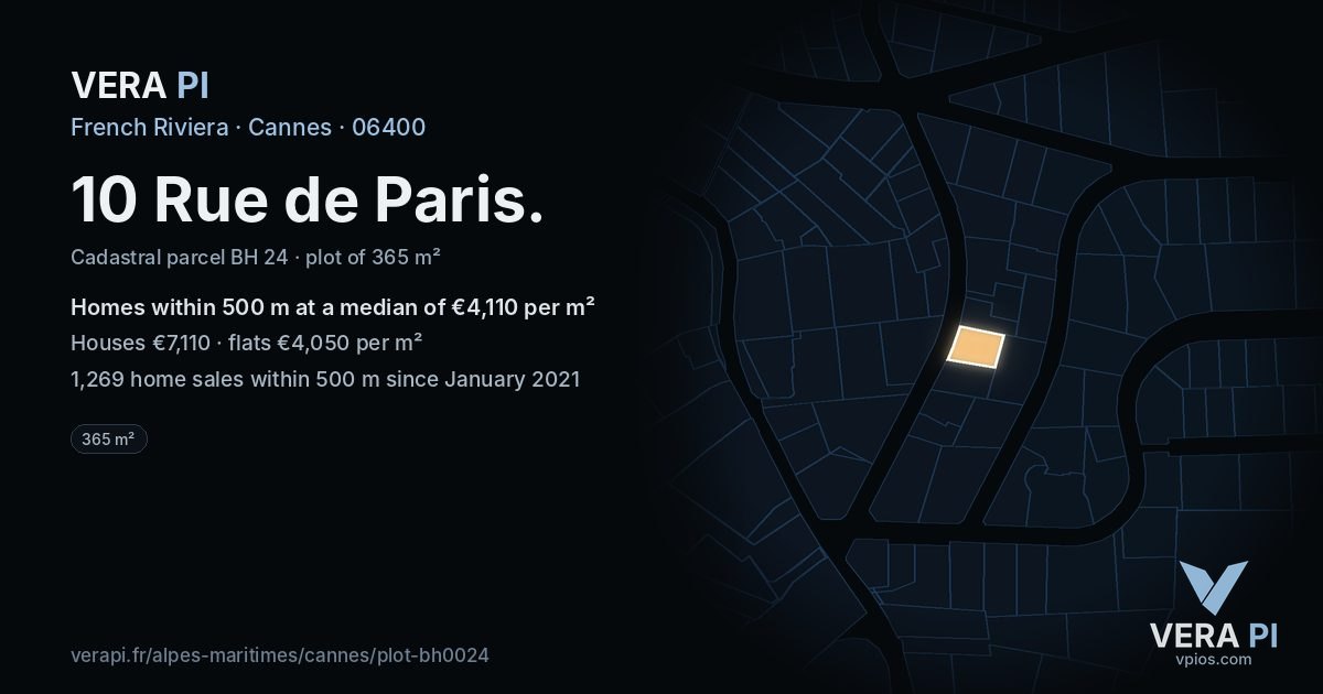 10 Rue de Paris, Cannes at night – the plot lit, the parcels around coloured by the prices near them