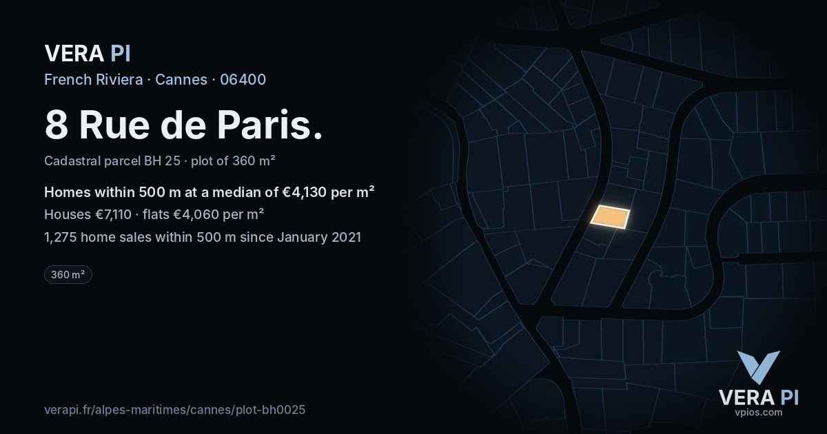 8 Rue de Paris, Cannes at night – the plot lit, the parcels around coloured by the prices near them