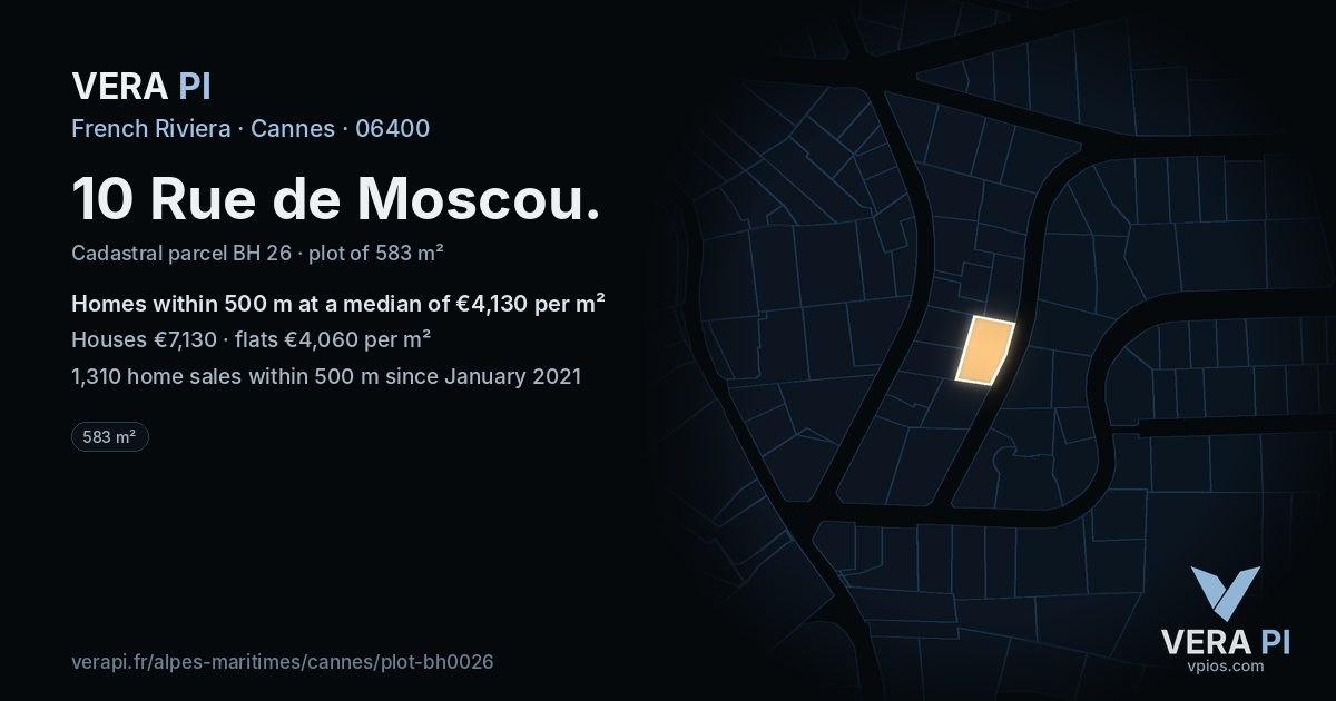 10 Rue de Moscou, Cannes at night – the plot lit, the parcels around coloured by the prices near them