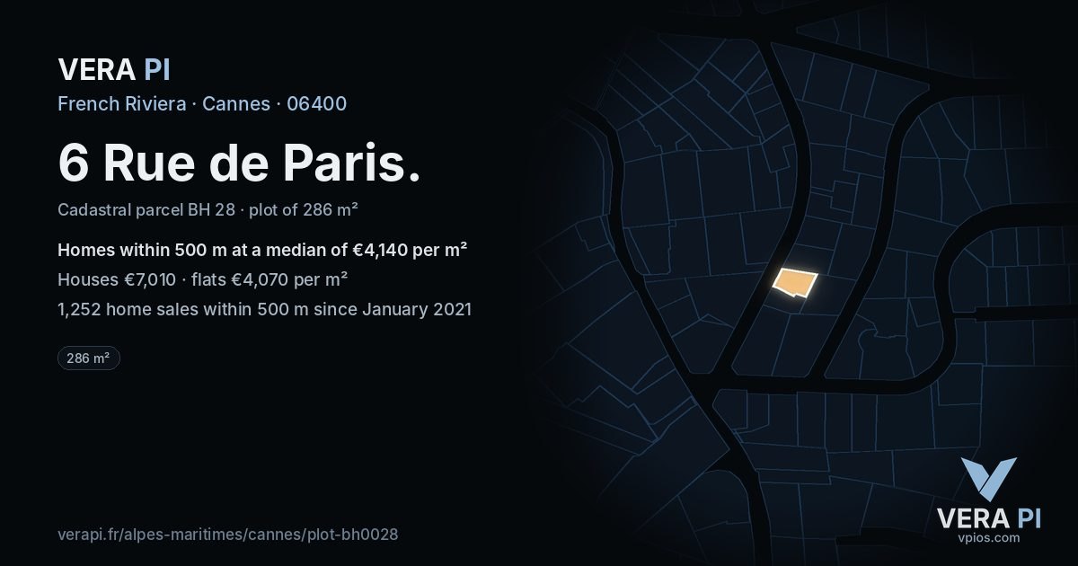6 Rue de Paris, Cannes at night – the plot lit, the parcels around coloured by the prices near them