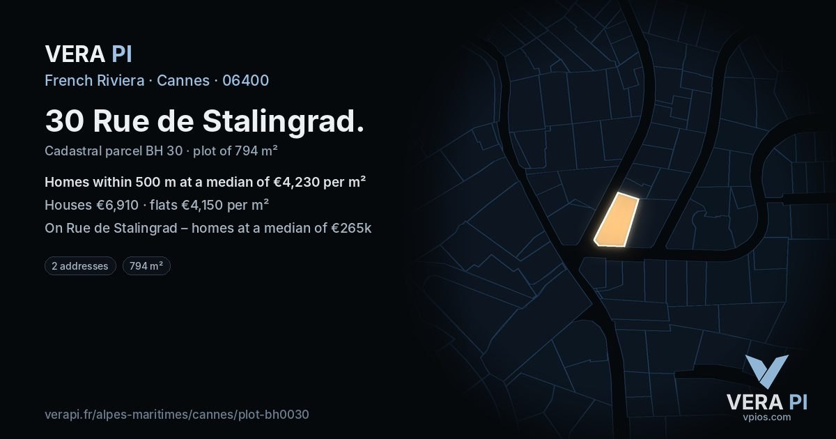 30 Rue de Stalingrad, Cannes at night – the plot lit, the parcels around coloured by the prices near them