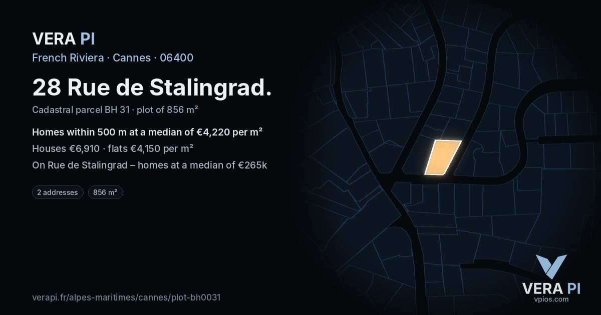 28 Rue de Stalingrad, Cannes at night – the plot lit, the parcels around coloured by the prices near them