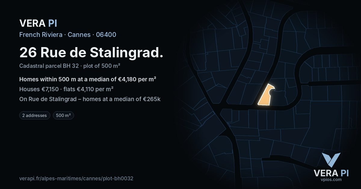 26 Rue de Stalingrad, Cannes at night – the plot lit, the parcels around coloured by the prices near them