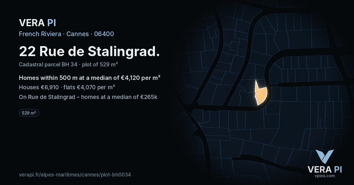 22 Rue de Stalingrad, Cannes at night – the plot lit, the parcels around coloured by the prices near them