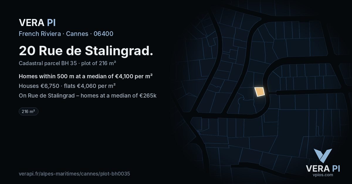 20 Rue de Stalingrad, Cannes at night – the plot lit, the parcels around coloured by the prices near them