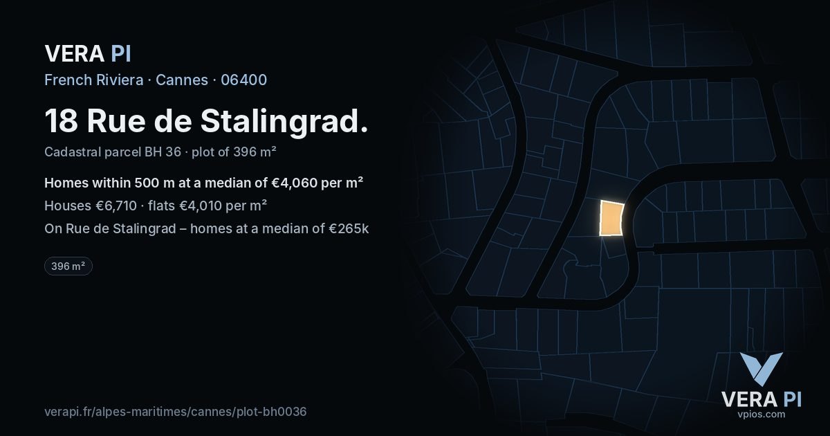 18 Rue de Stalingrad, Cannes at night – the plot lit, the parcels around coloured by the prices near them