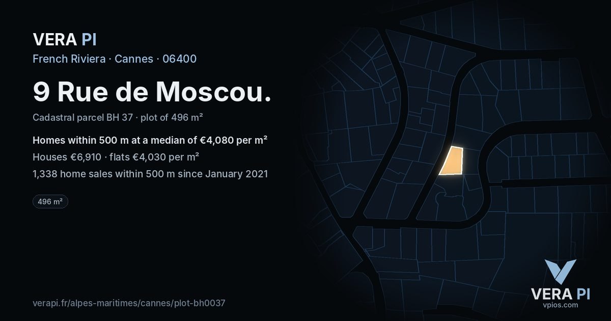 9 Rue de Moscou, Cannes at night – the plot lit, the parcels around coloured by the prices near them
