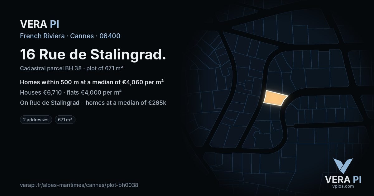 16 Rue de Stalingrad, Cannes at night – the plot lit, the parcels around coloured by the prices near them