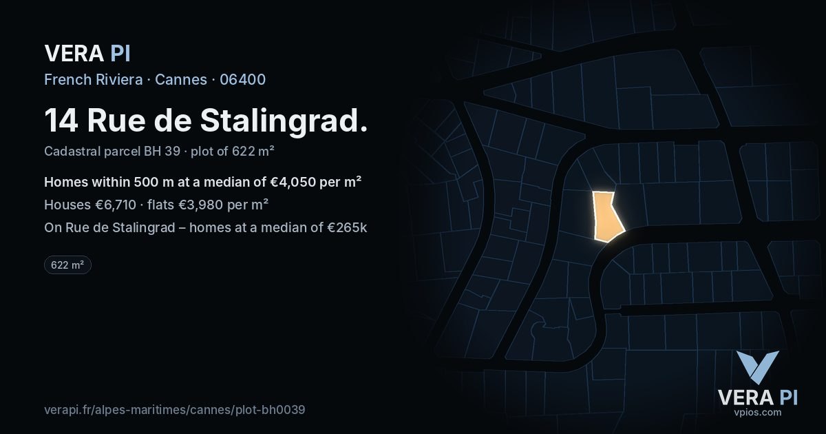 14 Rue de Stalingrad, Cannes at night – the plot lit, the parcels around coloured by the prices near them