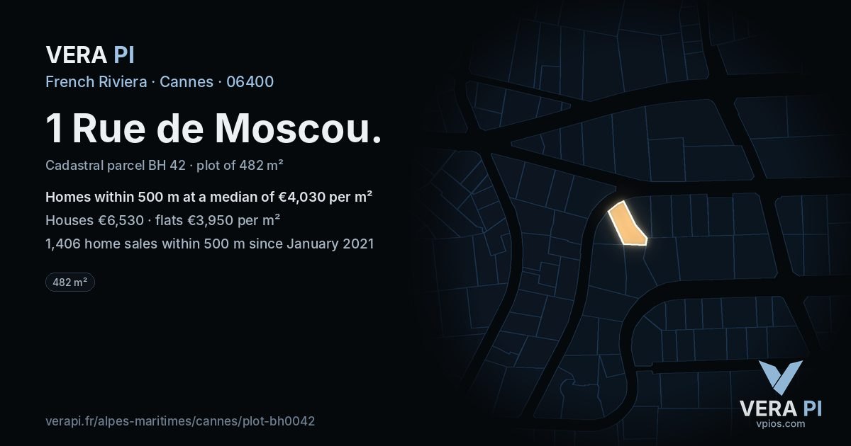 1 Rue de Moscou, Cannes at night – the plot lit, the parcels around coloured by the prices near them