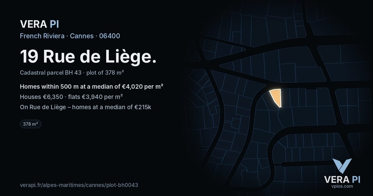 19 Rue de Liège, Cannes at night – the plot lit, the parcels around coloured by the prices near them