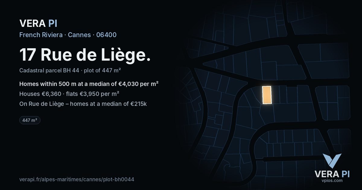 17 Rue de Liège, Cannes at night – the plot lit, the parcels around coloured by the prices near them