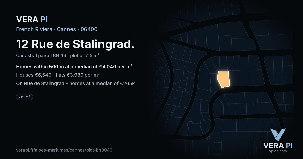 12 Rue de Stalingrad, Cannes at night – the plot lit, the parcels around coloured by the prices near them