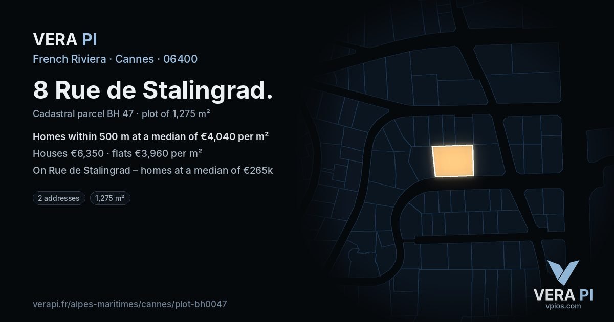 8 Rue de Stalingrad, Cannes at night – the plot lit, the parcels around coloured by the prices near them