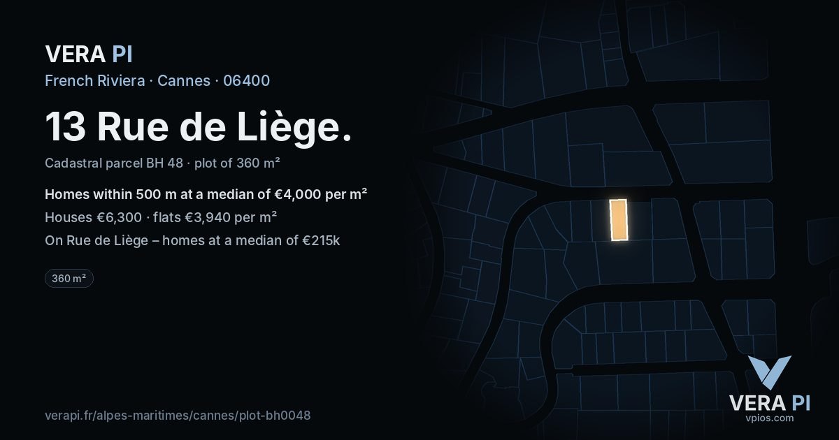 13 Rue de Liège, Cannes at night – the plot lit, the parcels around coloured by the prices near them