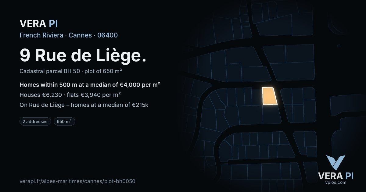 9 Rue de Liège, Cannes at night – the plot lit, the parcels around coloured by the prices near them