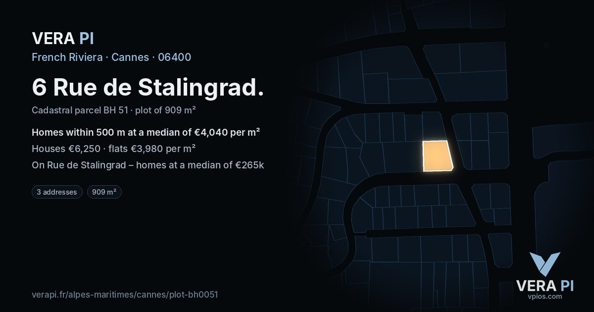 6 Rue de Stalingrad, Cannes at night – the plot lit, the parcels around coloured by the prices near them
