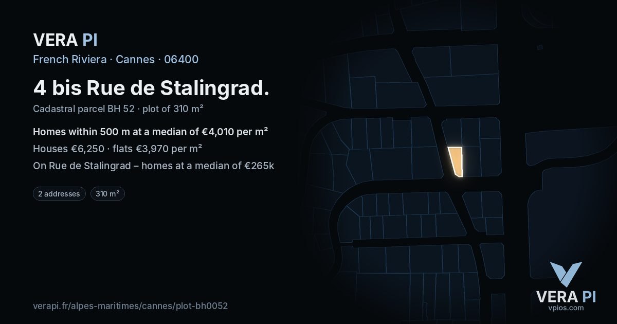 4 bis Rue de Stalingrad, Cannes at night – the plot lit, the parcels around coloured by the prices near them