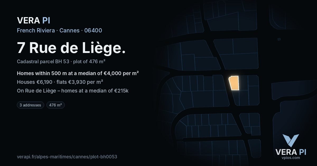 7 Rue de Liège, Cannes at night – the plot lit, the parcels around coloured by the prices near them