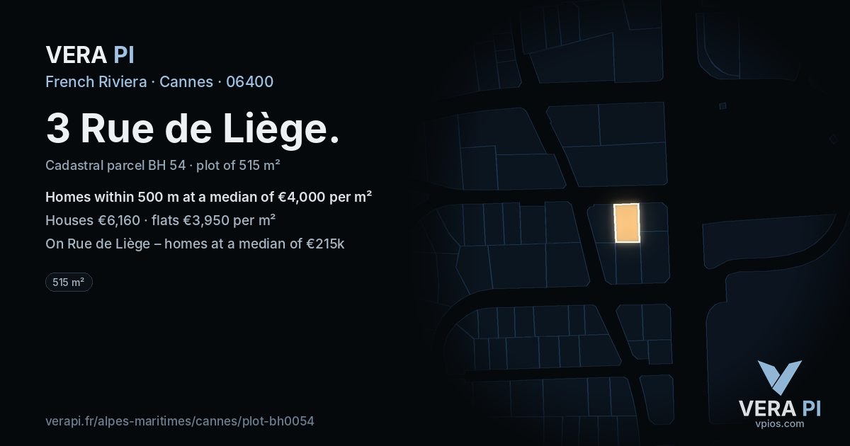 3 Rue de Liège, Cannes at night – the plot lit, the parcels around coloured by the prices near them