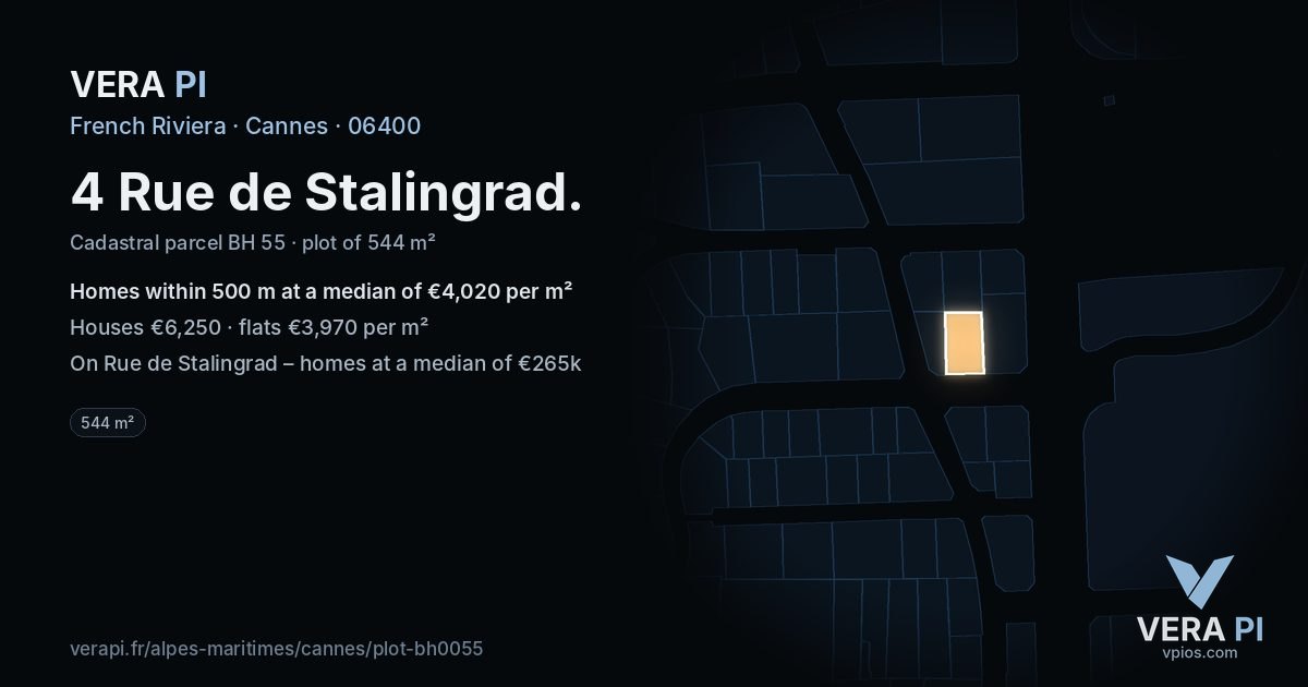 4 Rue de Stalingrad, Cannes at night – the plot lit, the parcels around coloured by the prices near them