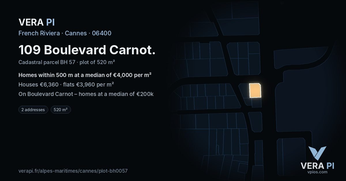 109 Boulevard Carnot, Cannes at night – the plot lit, the parcels around coloured by the prices near them