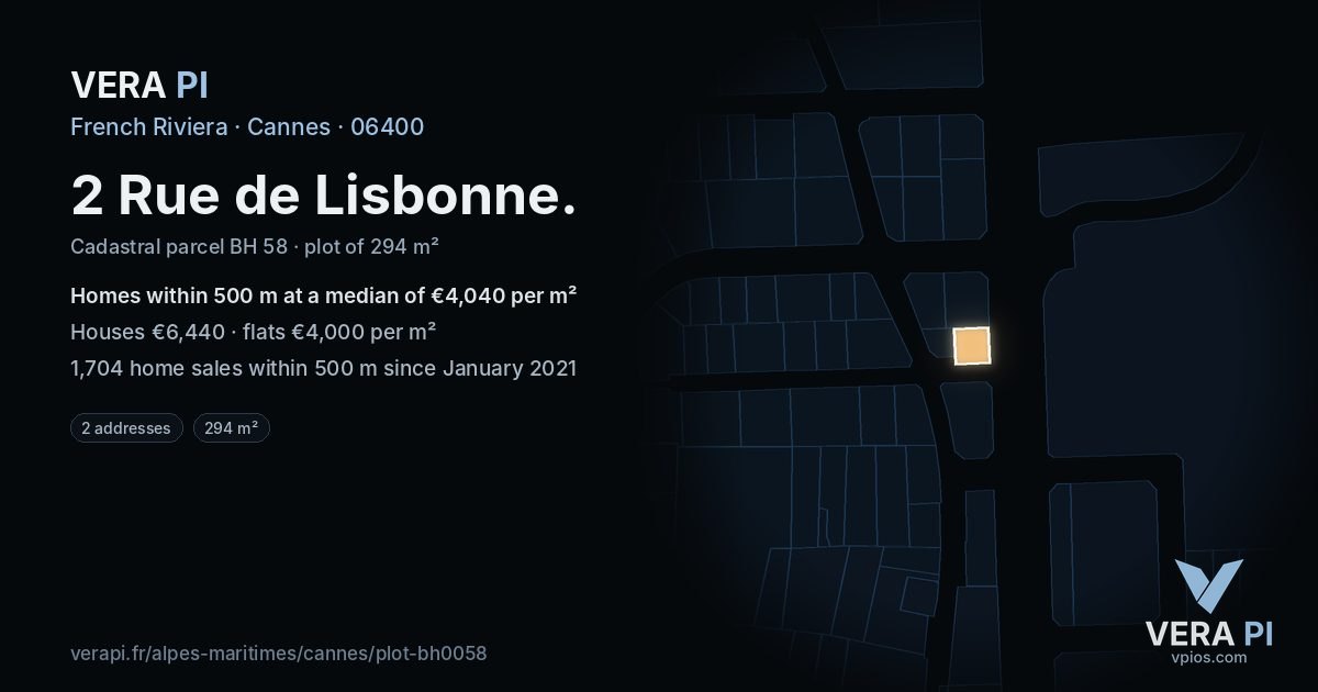 2 Rue de Lisbonne, Cannes at night – the plot lit, the parcels around coloured by the prices near them