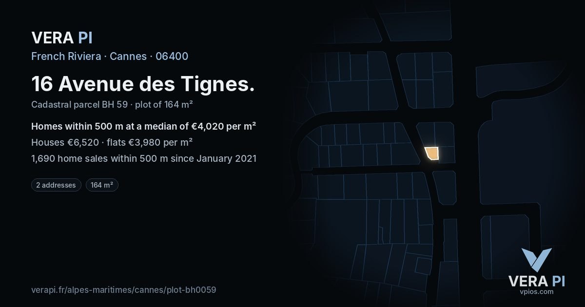 16 Avenue des Tignes, Cannes at night – the plot lit, the parcels around coloured by the prices near them