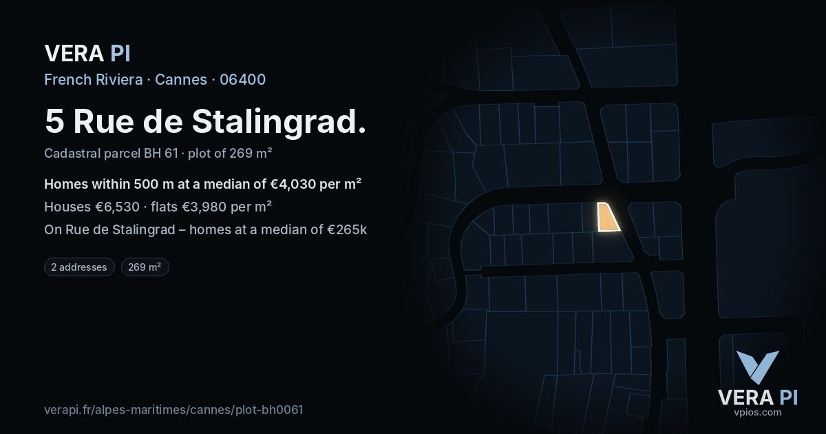 5 Rue de Stalingrad, Cannes at night – the plot lit, the parcels around coloured by the prices near them