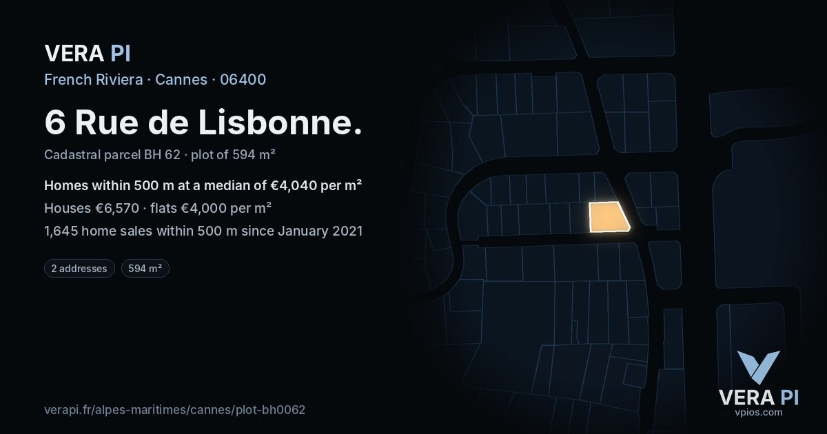 6 Rue de Lisbonne, Cannes at night – the plot lit, the parcels around coloured by the prices near them