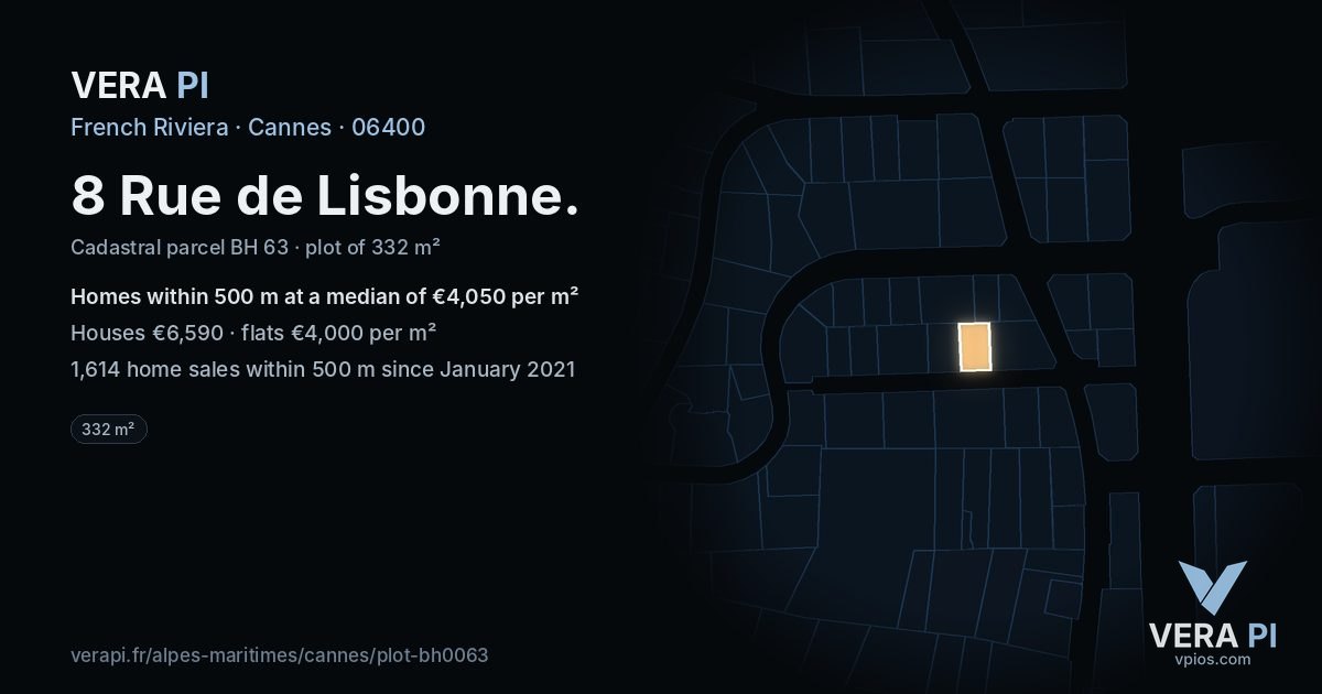 8 Rue de Lisbonne, Cannes at night – the plot lit, the parcels around coloured by the prices near them
