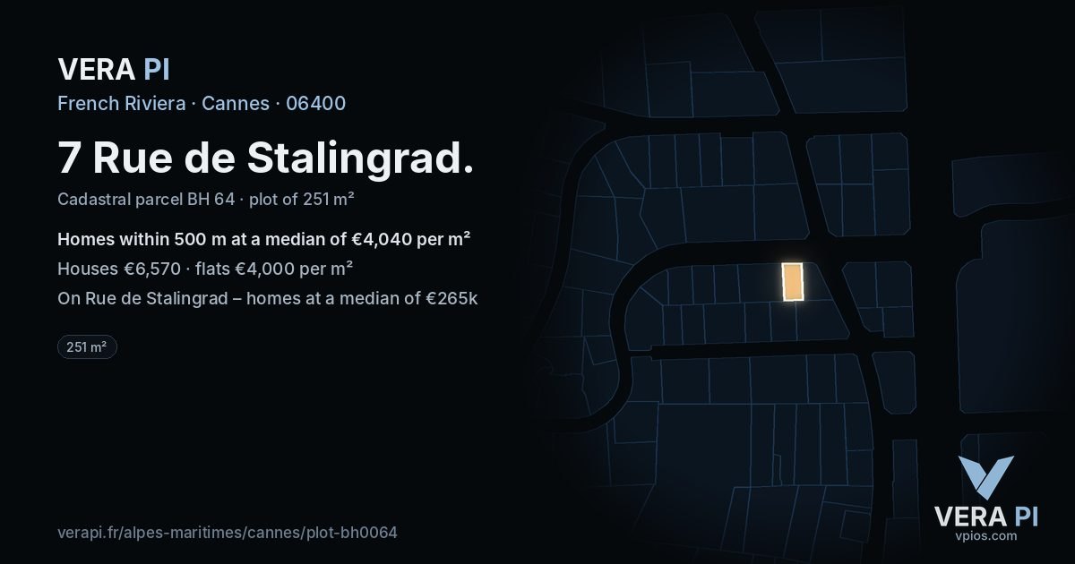 7 Rue de Stalingrad, Cannes at night – the plot lit, the parcels around coloured by the prices near them