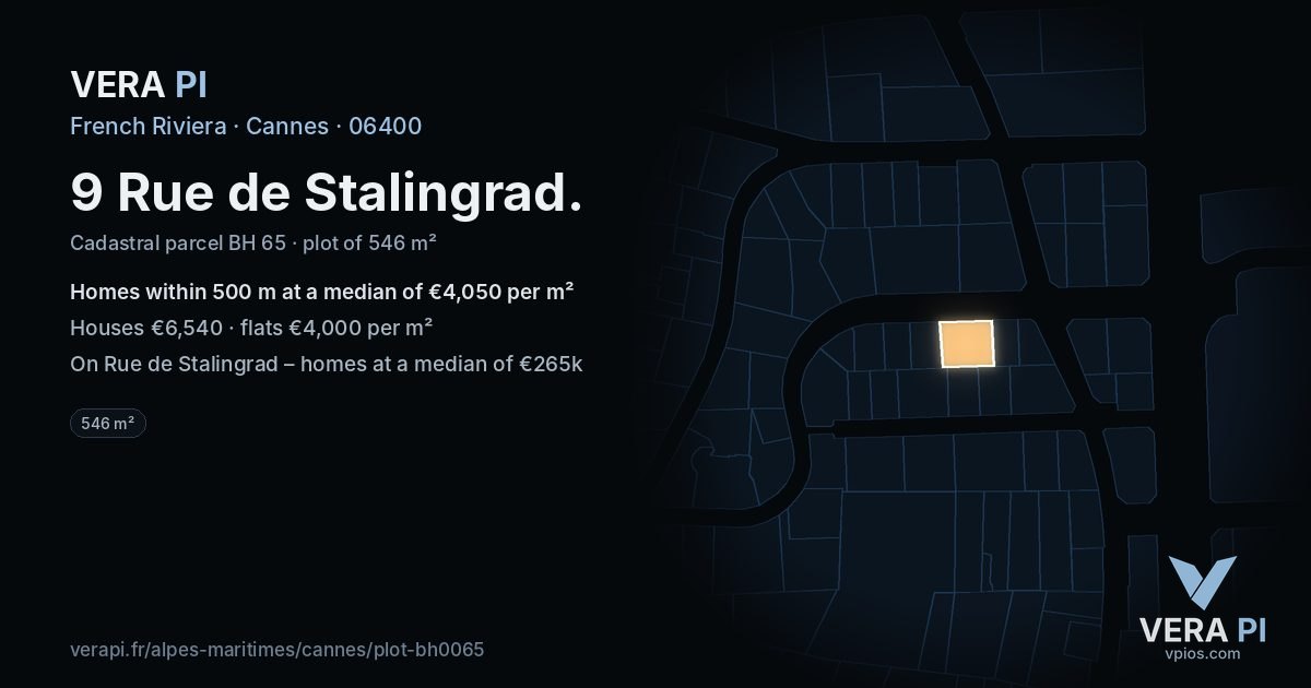 9 Rue de Stalingrad, Cannes at night – the plot lit, the parcels around coloured by the prices near them