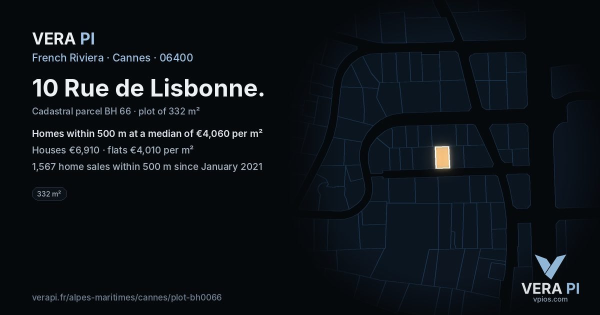 10 Rue de Lisbonne, Cannes at night – the plot lit, the parcels around coloured by the prices near them