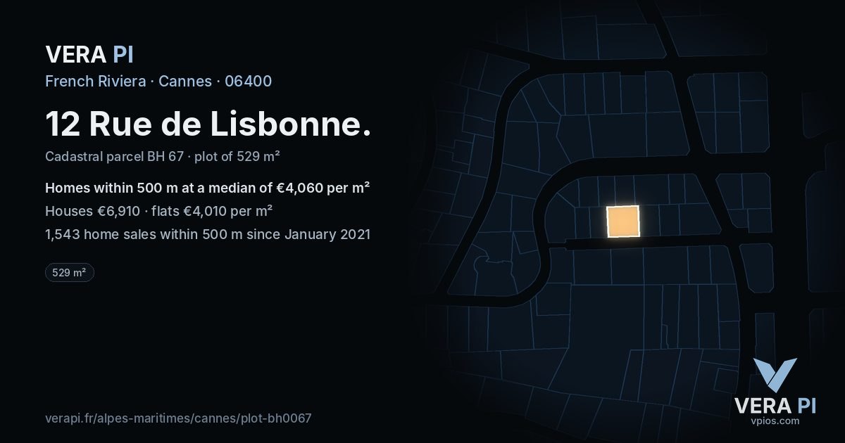12 Rue de Lisbonne, Cannes at night – the plot lit, the parcels around coloured by the prices near them
