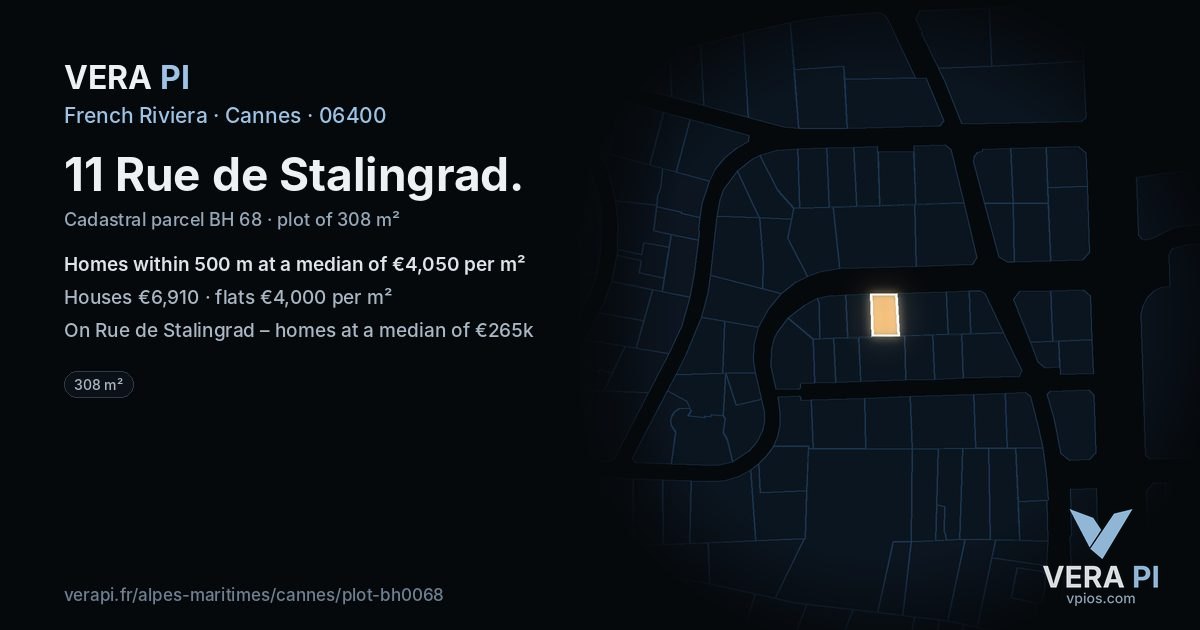 11 Rue de Stalingrad, Cannes at night – the plot lit, the parcels around coloured by the prices near them