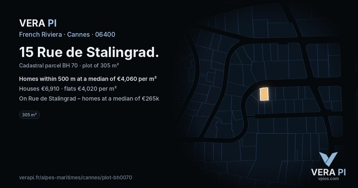 15 Rue de Stalingrad, Cannes at night – the plot lit, the parcels around coloured by the prices near them