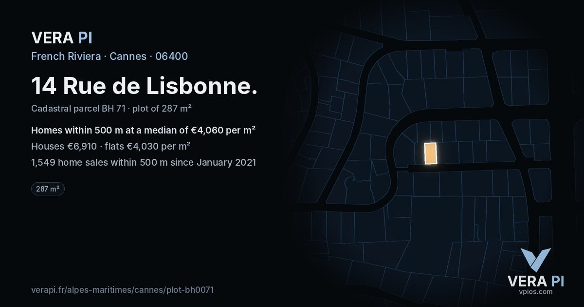 14 Rue de Lisbonne, Cannes at night – the plot lit, the parcels around coloured by the prices near them