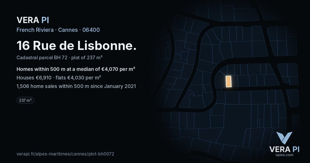 16 Rue de Lisbonne, Cannes at night – the plot lit, the parcels around coloured by the prices near them