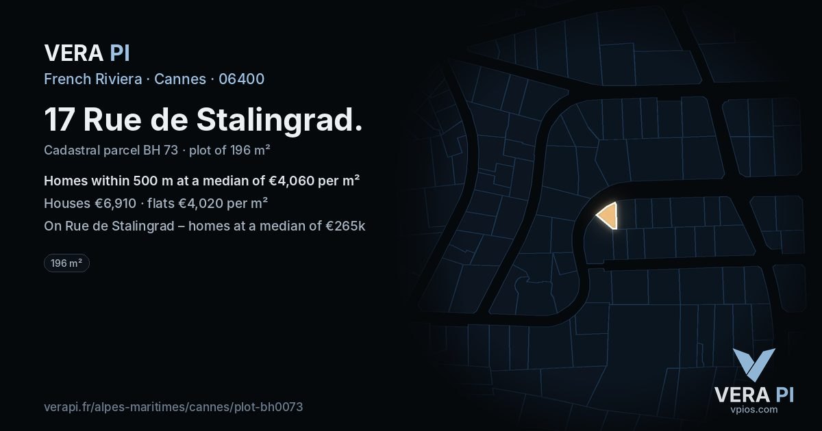 17 Rue de Stalingrad, Cannes at night – the plot lit, the parcels around coloured by the prices near them