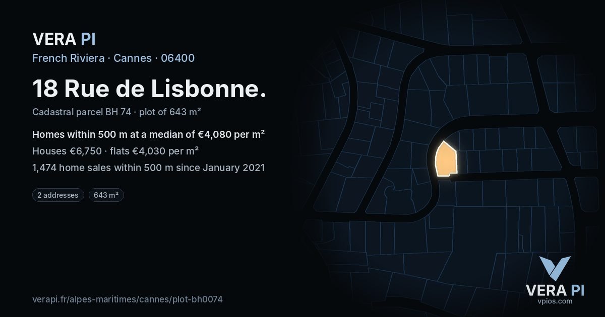 18 Rue de Lisbonne, Cannes at night – the plot lit, the parcels around coloured by the prices near them