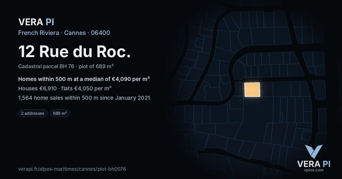 12 Rue du Roc, Cannes at night – the plot lit, the parcels around coloured by the prices near them