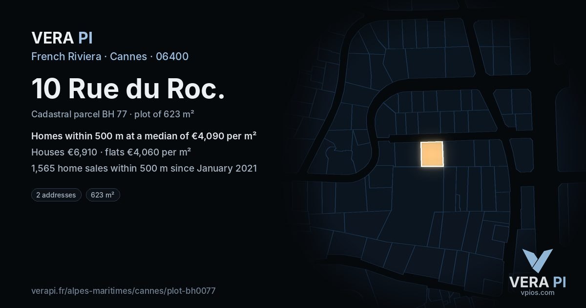 10 Rue du Roc, Cannes at night – the plot lit, the parcels around coloured by the prices near them