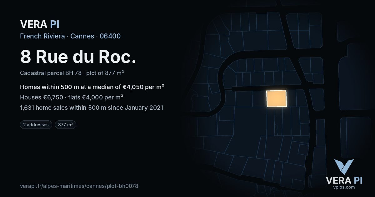8 Rue du Roc, Cannes at night – the plot lit, the parcels around coloured by the prices near them