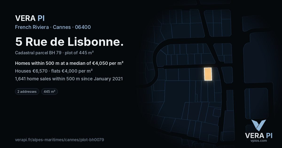 5 Rue de Lisbonne, Cannes at night – the plot lit, the parcels around coloured by the prices near them